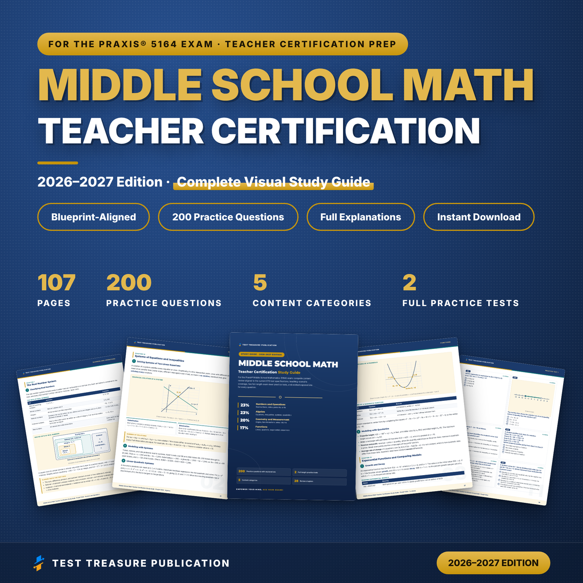 Middle School Math Teacher Certification Study Guide 2026-2027 for the Praxis 5164 Exam, 200 Practice Questions, Printable PDF