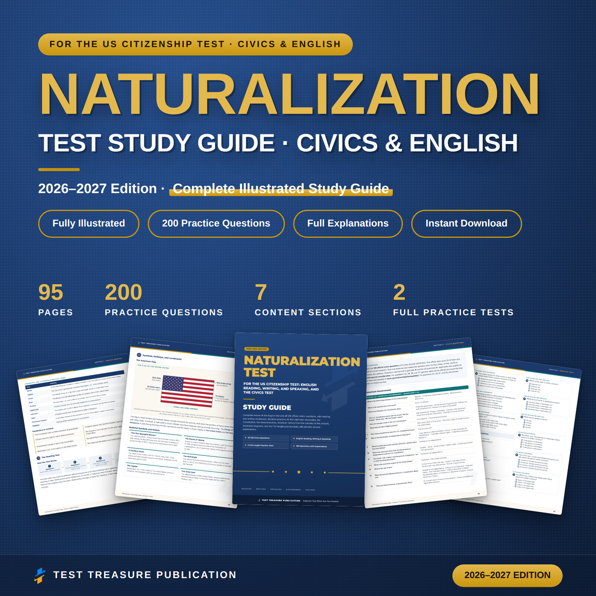 Naturalization Test Study Guide 2026-2027, Civics and English Test Prep, 128 USCIS Civics Questions, N-400 Interview, Printable PDF