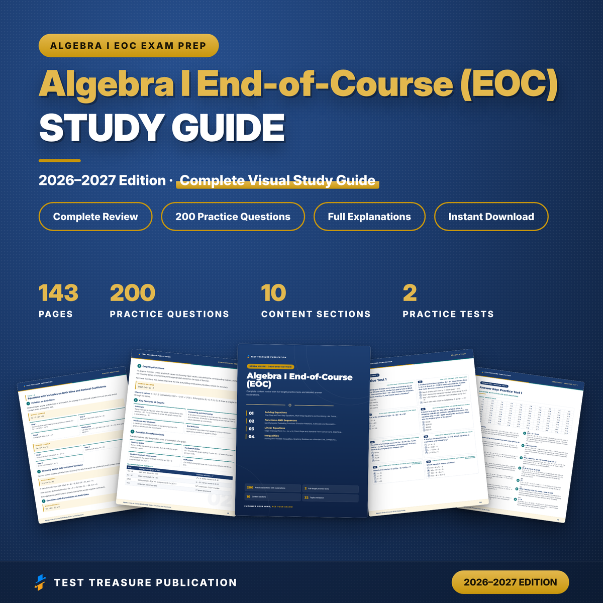 Algebra 1 EOC Study Guide 2026–2027 | Algebra I End-of-Course Exam Prep + 200 Practice Questions (Printable PDF)