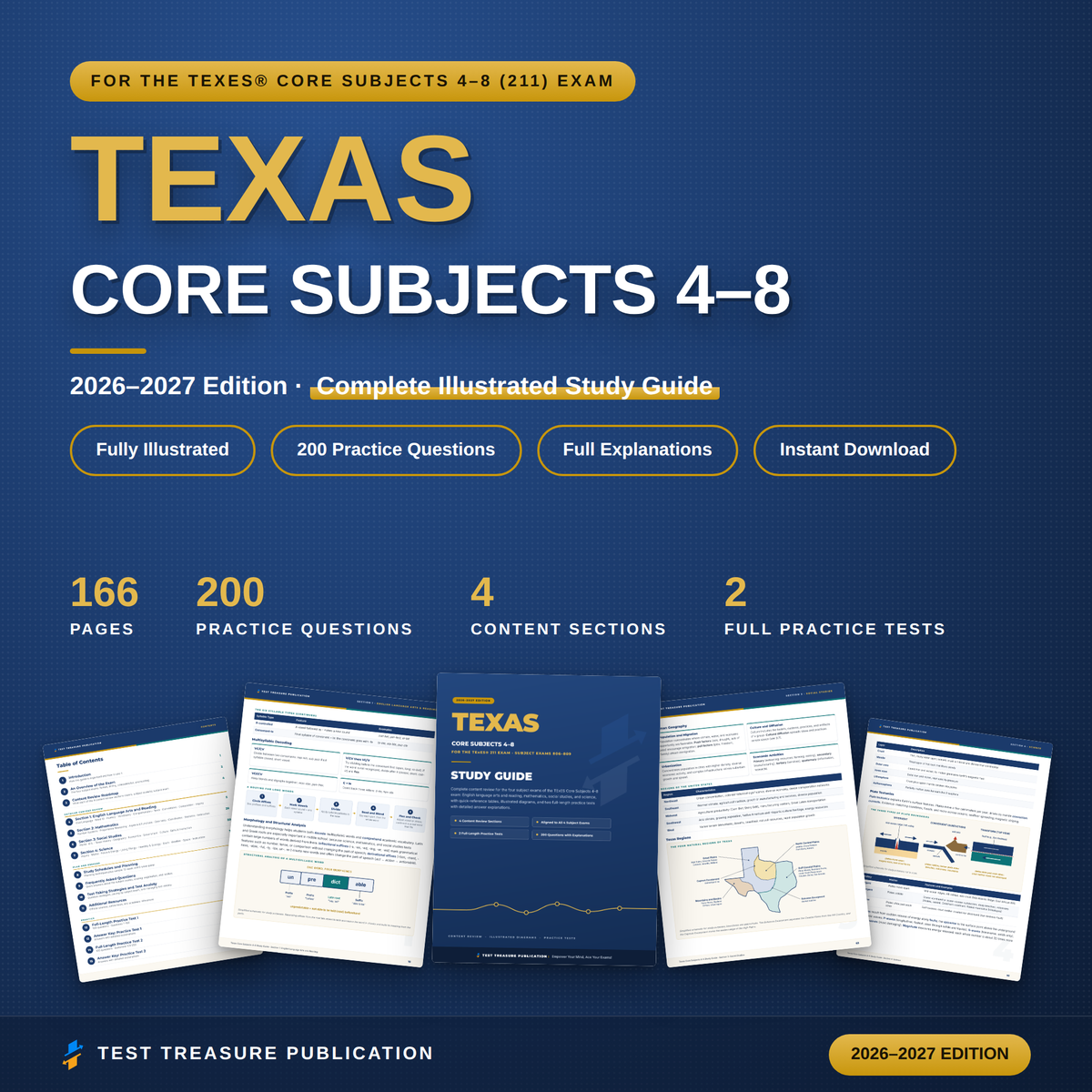 Texas Core Subjects 4-8 Study Guide 2026-2027 for the TExES 211 Exam | Grades 4-8 Teacher Certification Prep | 200 Practice Questions PDF