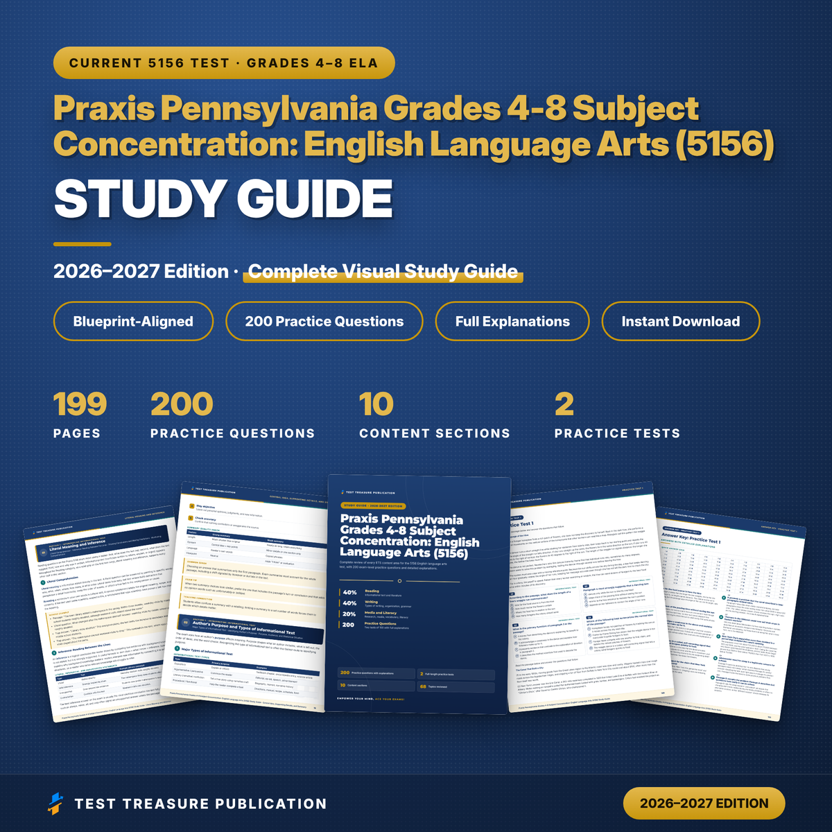 Praxis 5156 Study Guide 2026–2027 | Pennsylvania Grades 4-8 English Language Arts Subject Concentration Exam Prep + Practice Tests