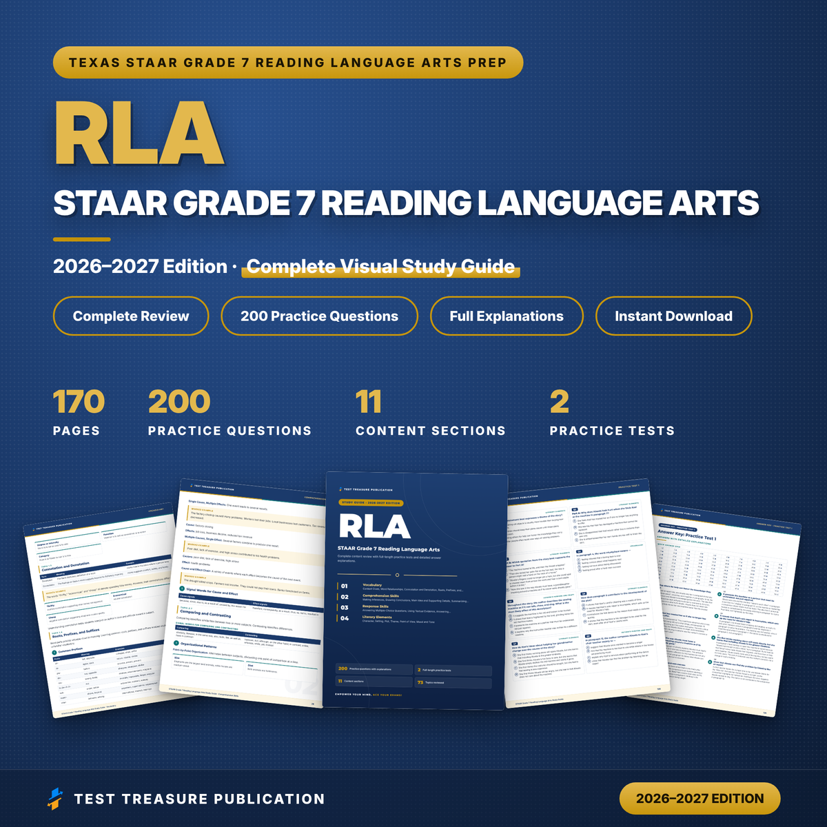 STAAR Grade 7 Reading Language Arts Study Guide 2026-2027, 200 Practice Questions, 7th Grade Texas RLA Test Prep, Printable PDF