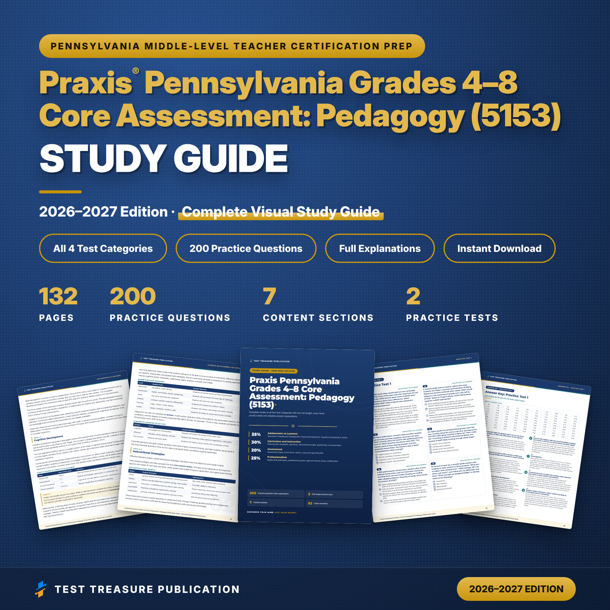 Praxis Pennsylvania Grades 4-8 Core Pedagogy 5153 Study Guide 2026-2027 | PA Middle Level Teacher Certification Prep + 2 Practice Tests