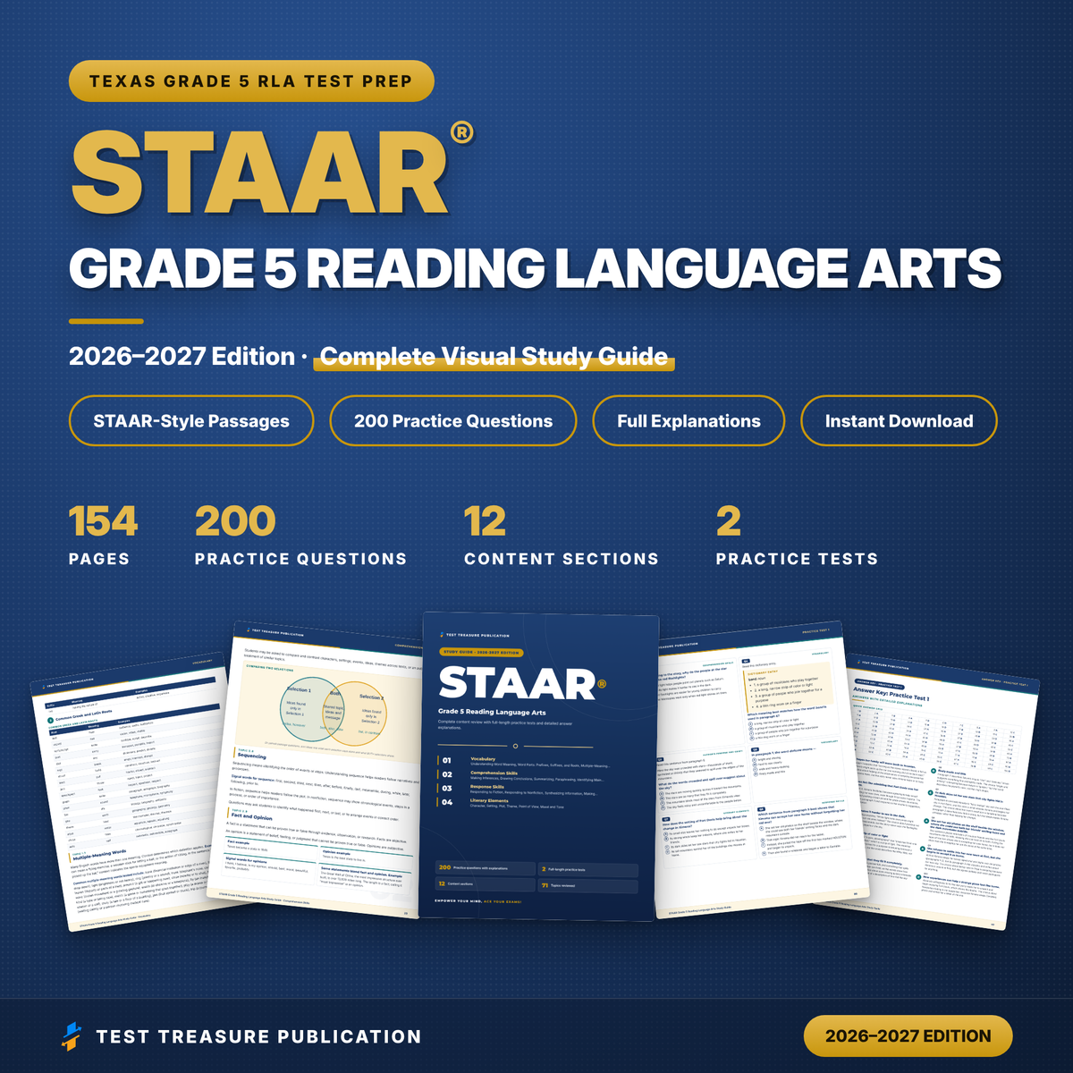 STAAR Grade 5 Reading Language Arts Study Guide 2026–2027 | TEKS-Aligned RLA Review + Practice Tests | Printable PDF
