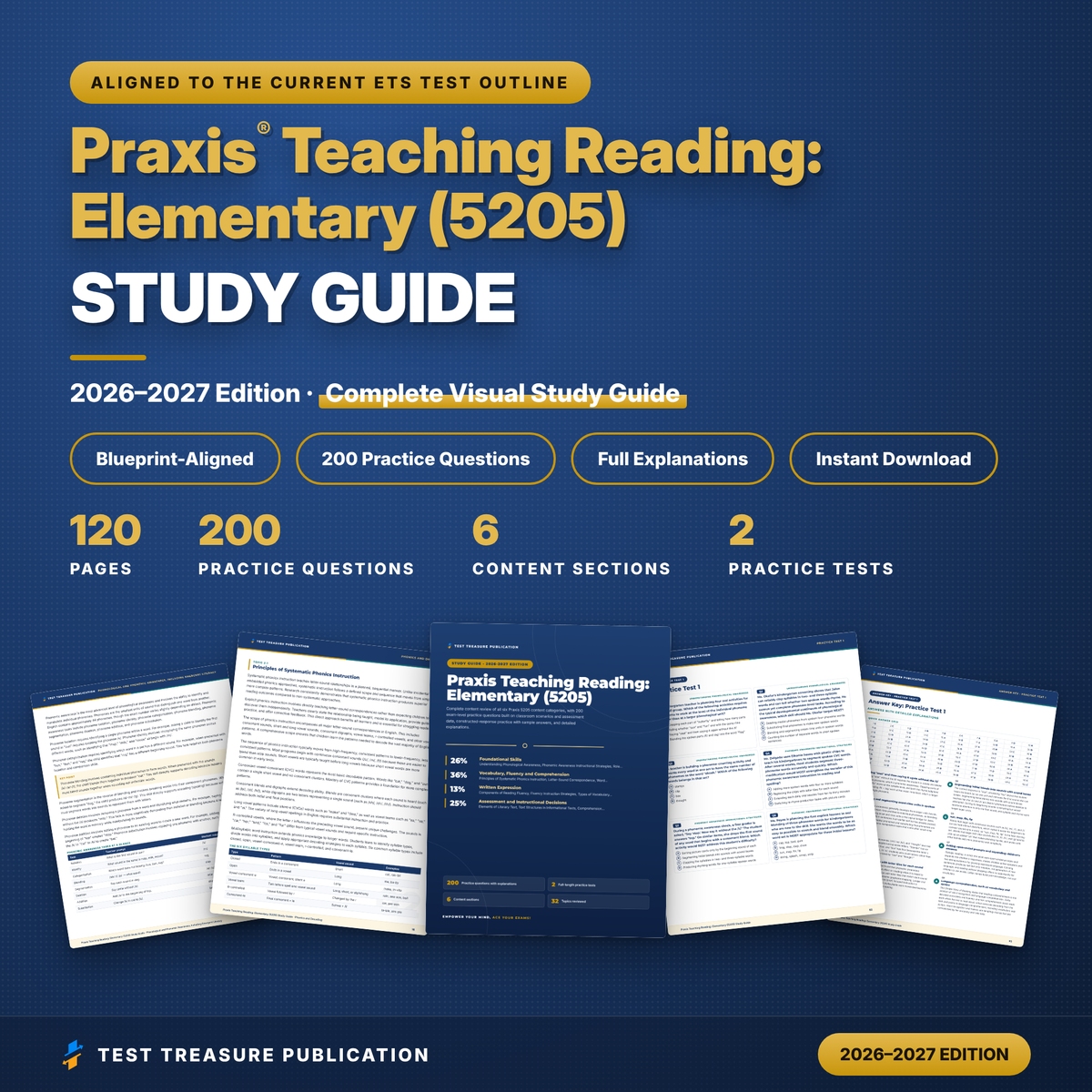 Praxis Teaching Reading Elementary 5205 Study Guide 2026-2027 | Praxis 5205 Test Prep | 200 Practice Questions | Science of Reading PDF