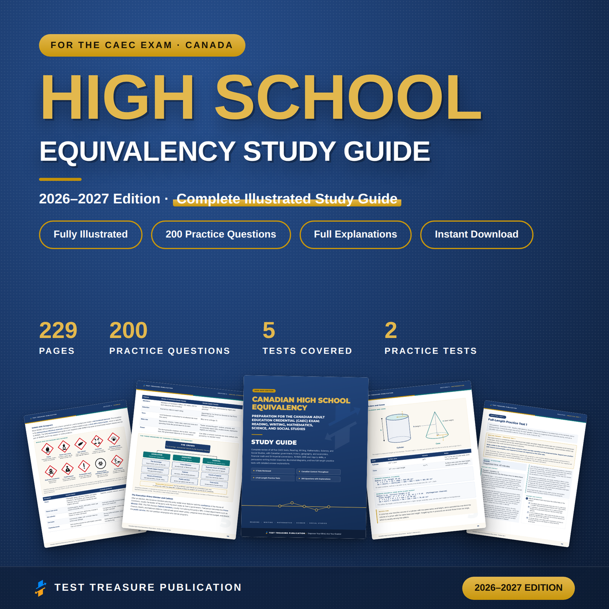 Canadian High School Equivalency Study Guide for the CAEC Exam 2026-2027, Reading Writing Math Science Social Studies, Practice Tests PDF