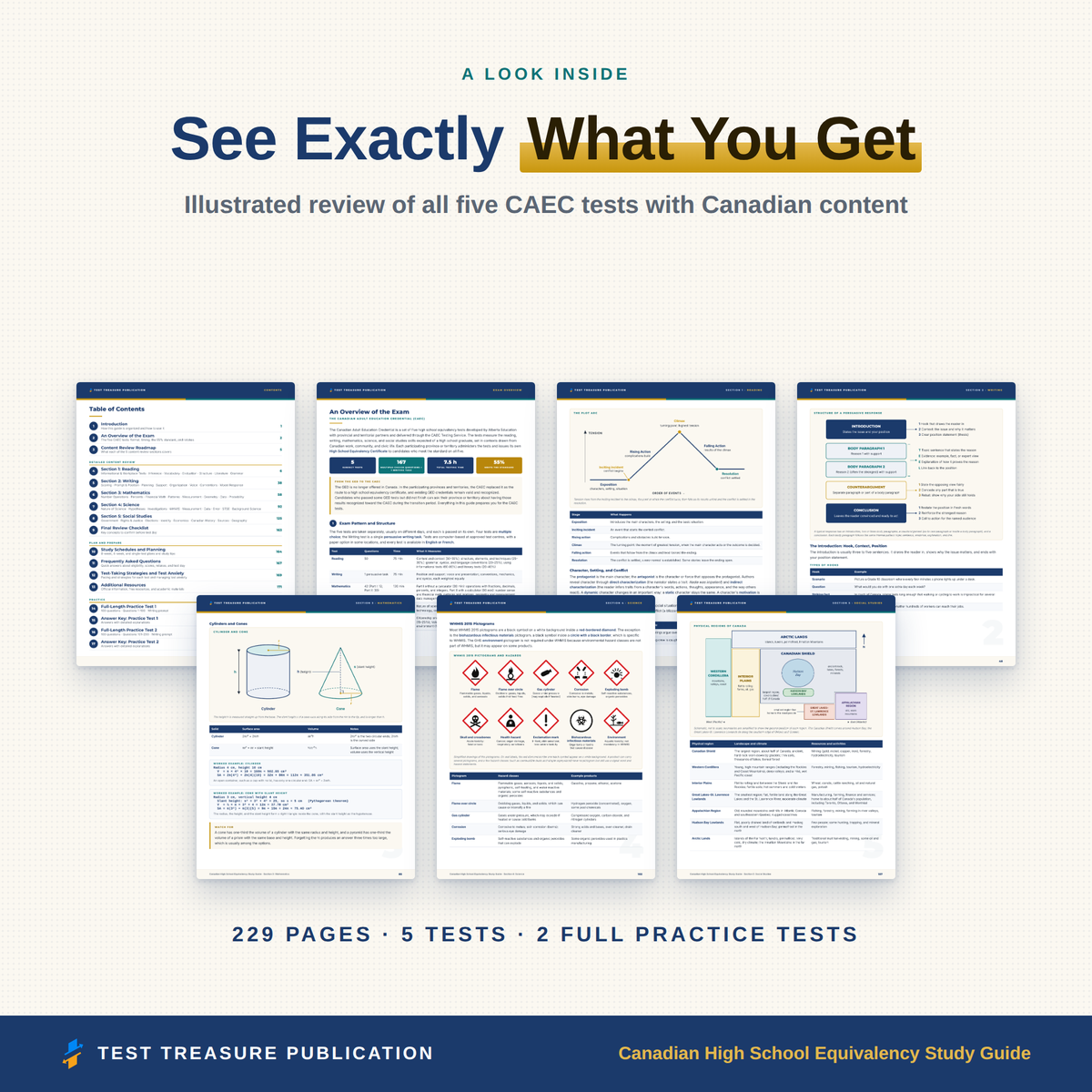 Canadian High School Equivalency Study Guide for the CAEC Exam 2026-2027, Reading Writing Math Science Social Studies, Practice Tests PDF