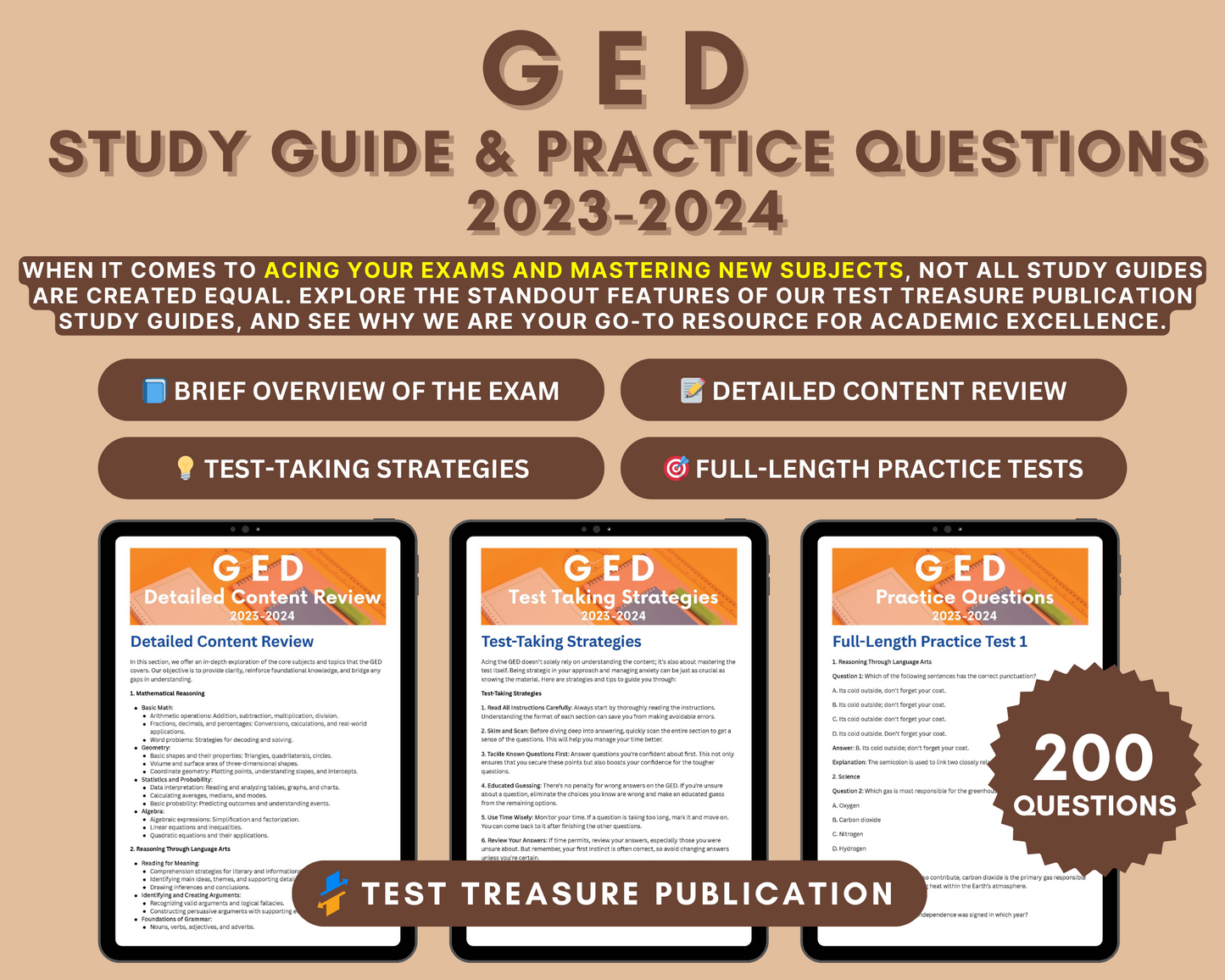 GED Exam Study Guide 2023-2024 | GED Test Prep | Math, Language Arts, Science, Social Studies | Practice Questions & Test-Taking Strategies