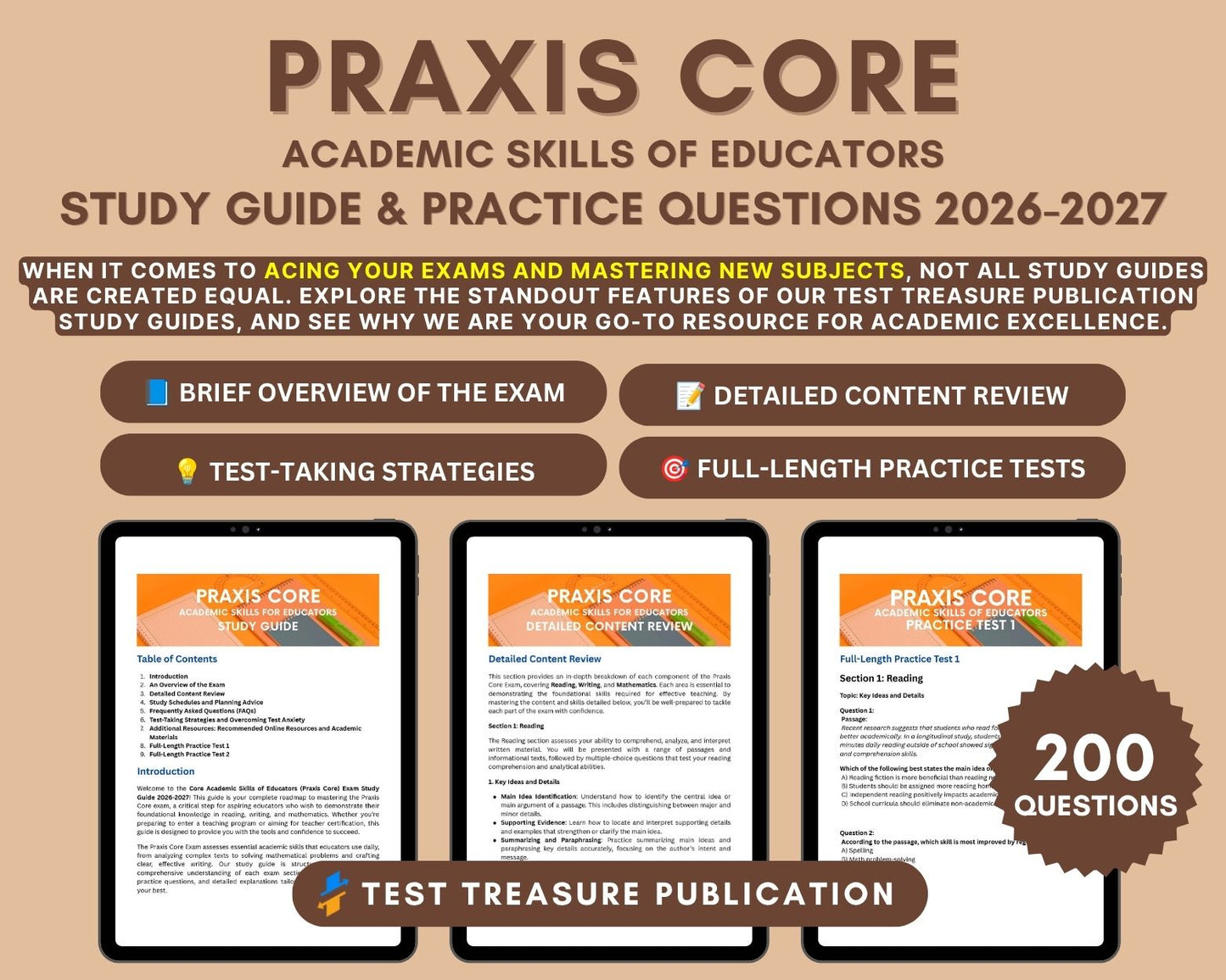 Praxis Core Academic Skills for Educators: Ultimate Study Guide for Reading, Writing, Math with 200+ Practice Questions