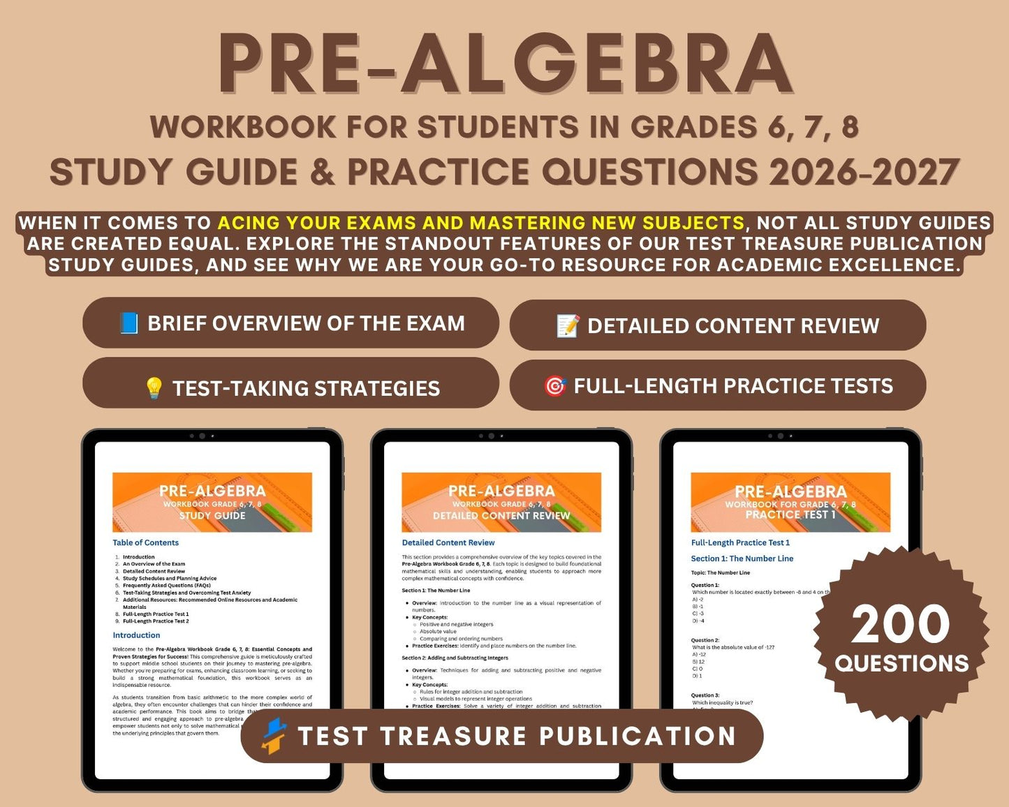 Pre-Algebra Workbook for Grades 6, 7, 8 - In-Depth Content Review, Practice Tests & Exam Tips