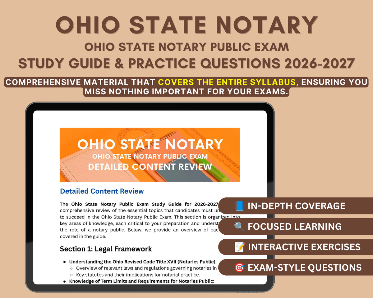 Ohio State Notary Public Exam Study Guide 2026-2027: In-Depth Content Review, and Practice Tests for Notarial Success