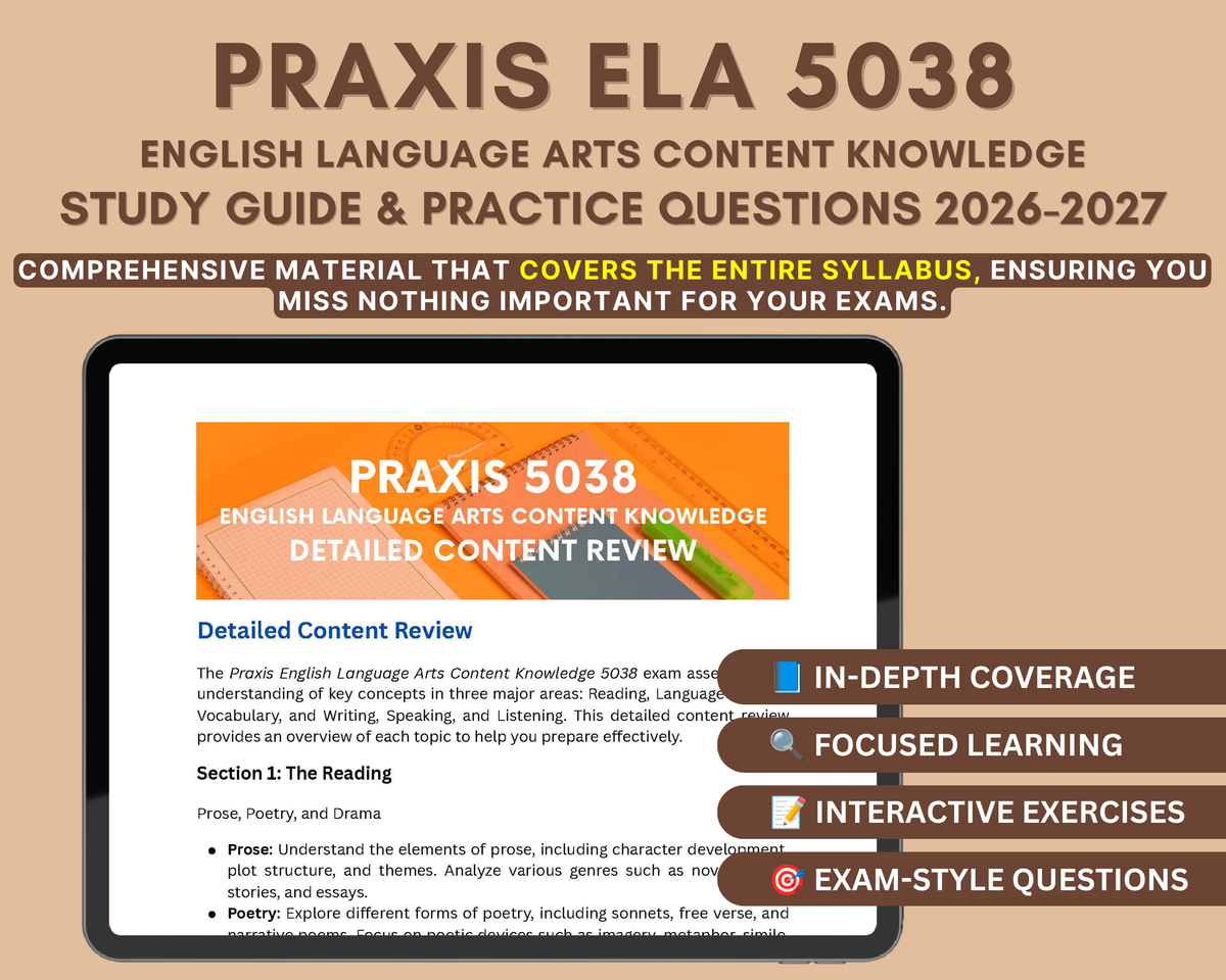 Praxis ELA 5038 Study Guide 2026-2027: Master English Language Arts with In-Depth Content Review, and Practice Tests