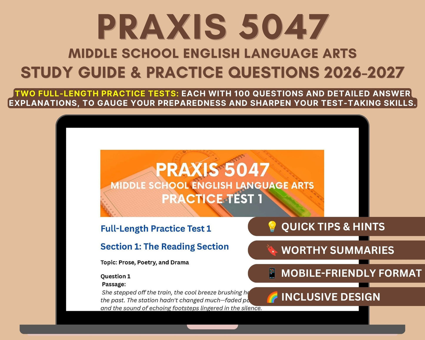 Praxis 5047 Study Guide 2026-2027: Middle School ELA Teacher Certification | In-Depth Content Review & Practice Tests