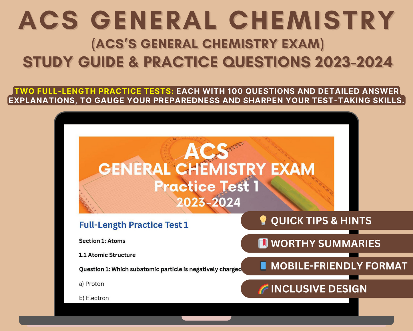 ACS General Chemistry Study Guide 2023-2024: Master Atomic Structure, Reactions, and More for Exam Success!