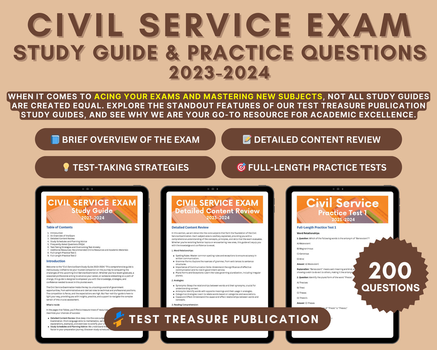 Civil Service Exam Prep 2023-2024: Master Key Subjects, 200+ Practice Questions, Detailed Answers and Strategies for Civil Service Aspirants