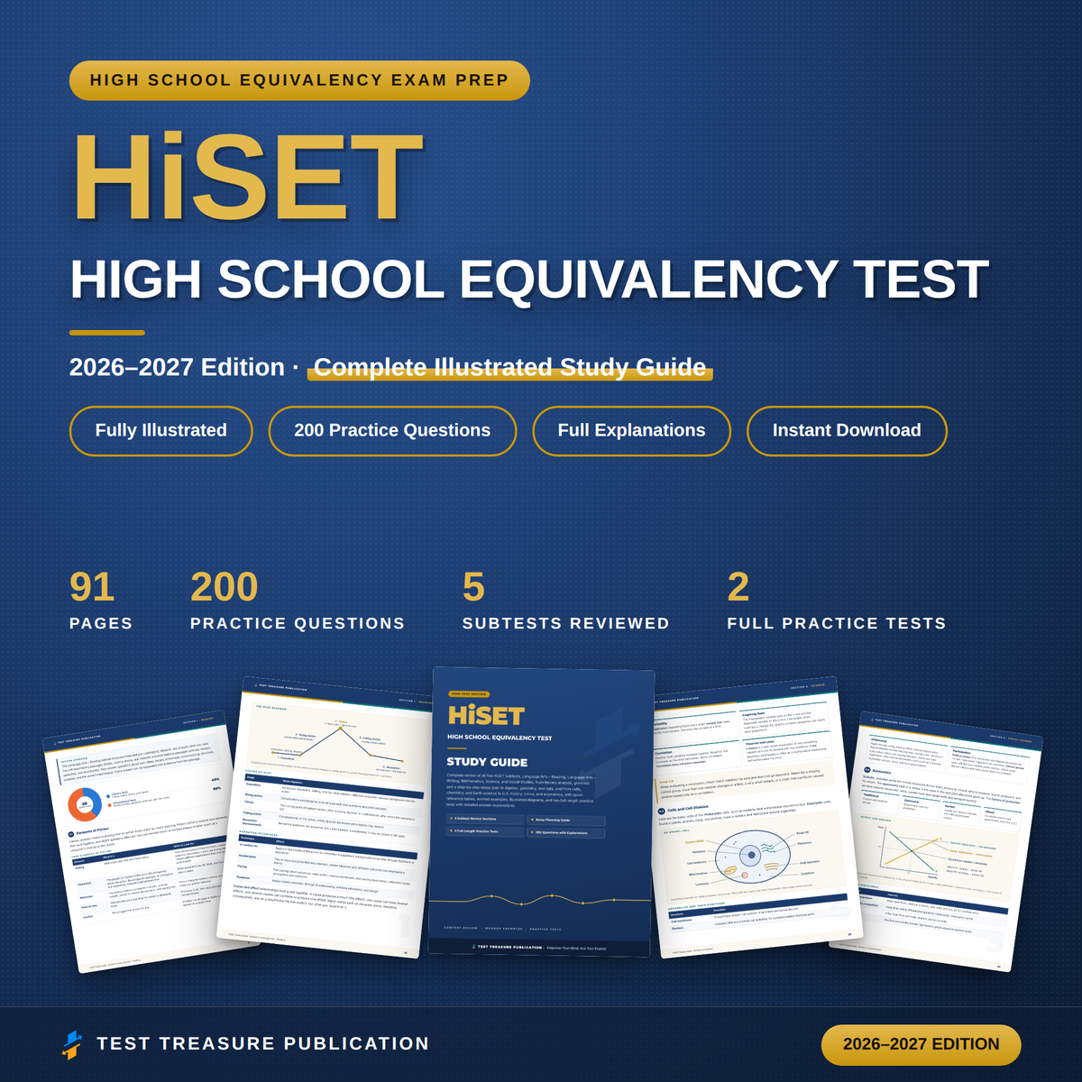HiSET Study Guide 2026–2027 — Redesigned Illustrated Edition | 200 Practice Questions
