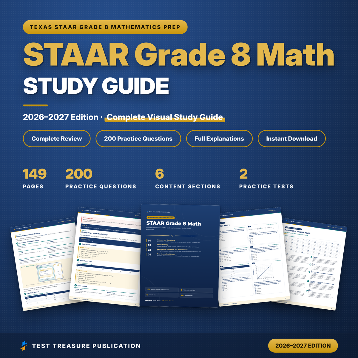 STAAR Grade 8 Math Study Guide 2026-2027, 200 Practice Questions, 8th Grade Texas Math Test Prep, TEKS Review Printable PDF