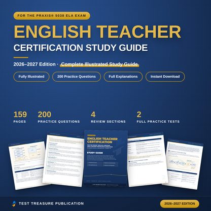 English Teacher Certification Study Guide 2026-2027 for the Praxis 5038 ELA Exam | 200 Practice Questions | Secondary English PDF