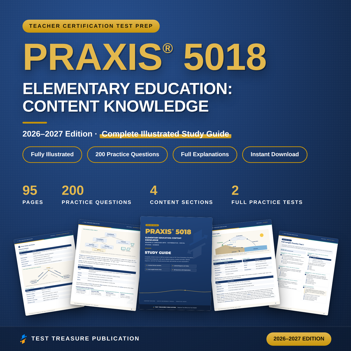 Praxis 5018 Elementary Education: Content Knowledge Study Guide 2026–2027 — Redesigned Illustrated Edition | 200 Practice Questions