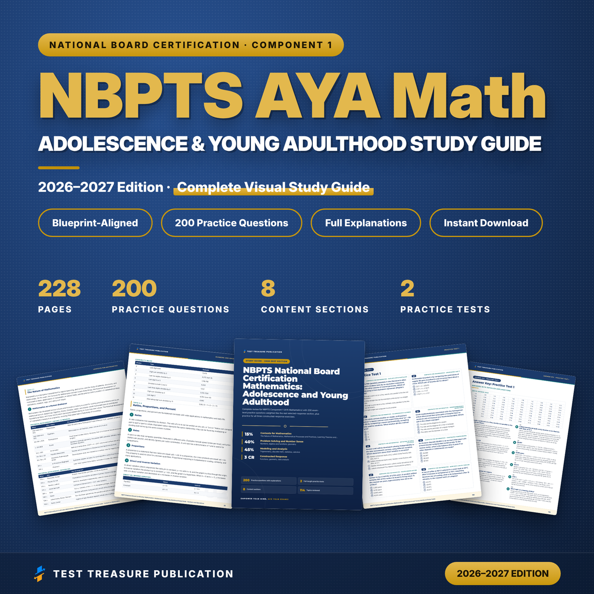 NBPTS AYA Mathematics Study Guide 2026-2027 | National Board Math Adolescence and Young Adulthood Component 1 Prep + Practice Tests