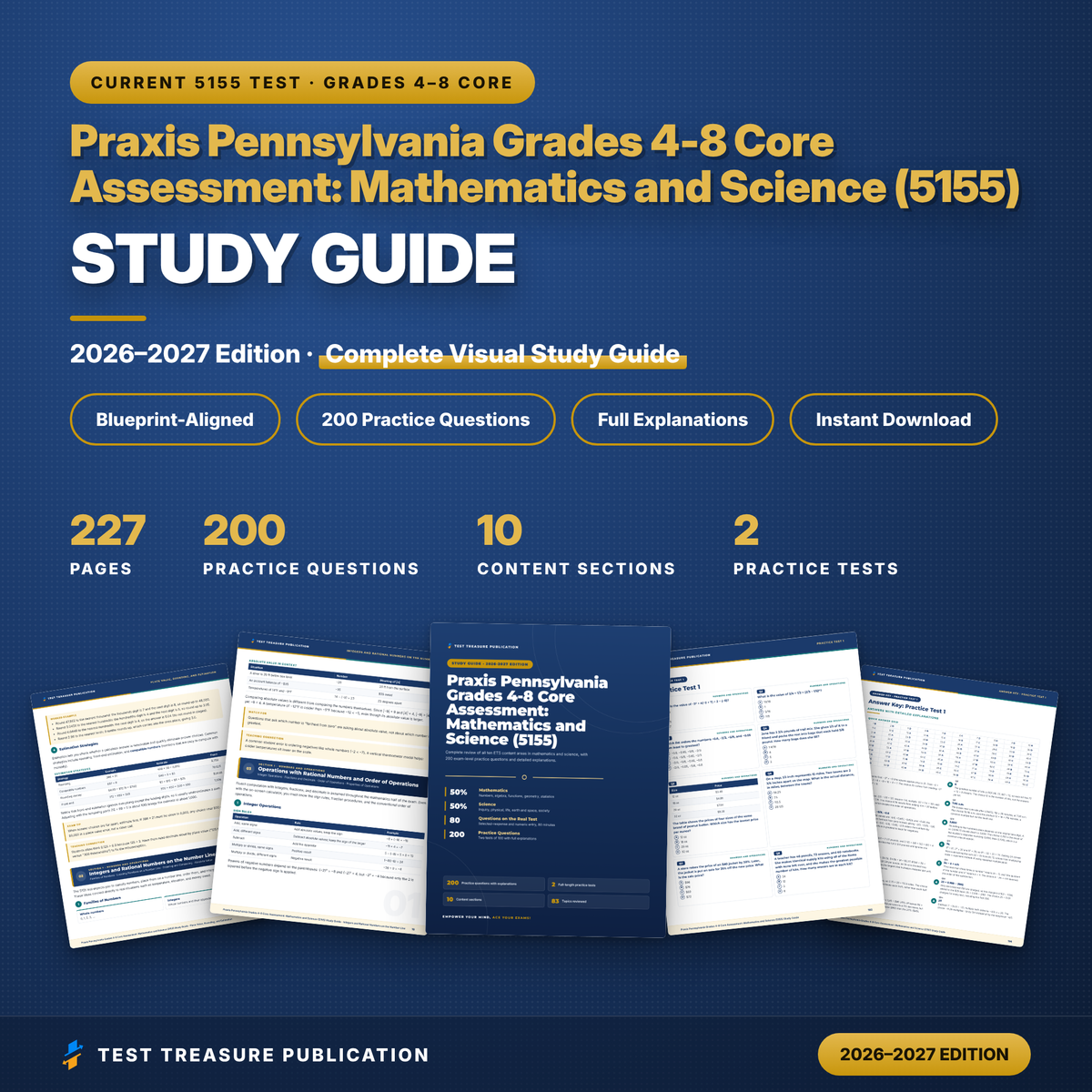 Praxis 5155 Study Guide 2026–2027 | Pennsylvania Grades 4-8 Core Assessment Mathematics and Science Exam Prep + Practice Tests
