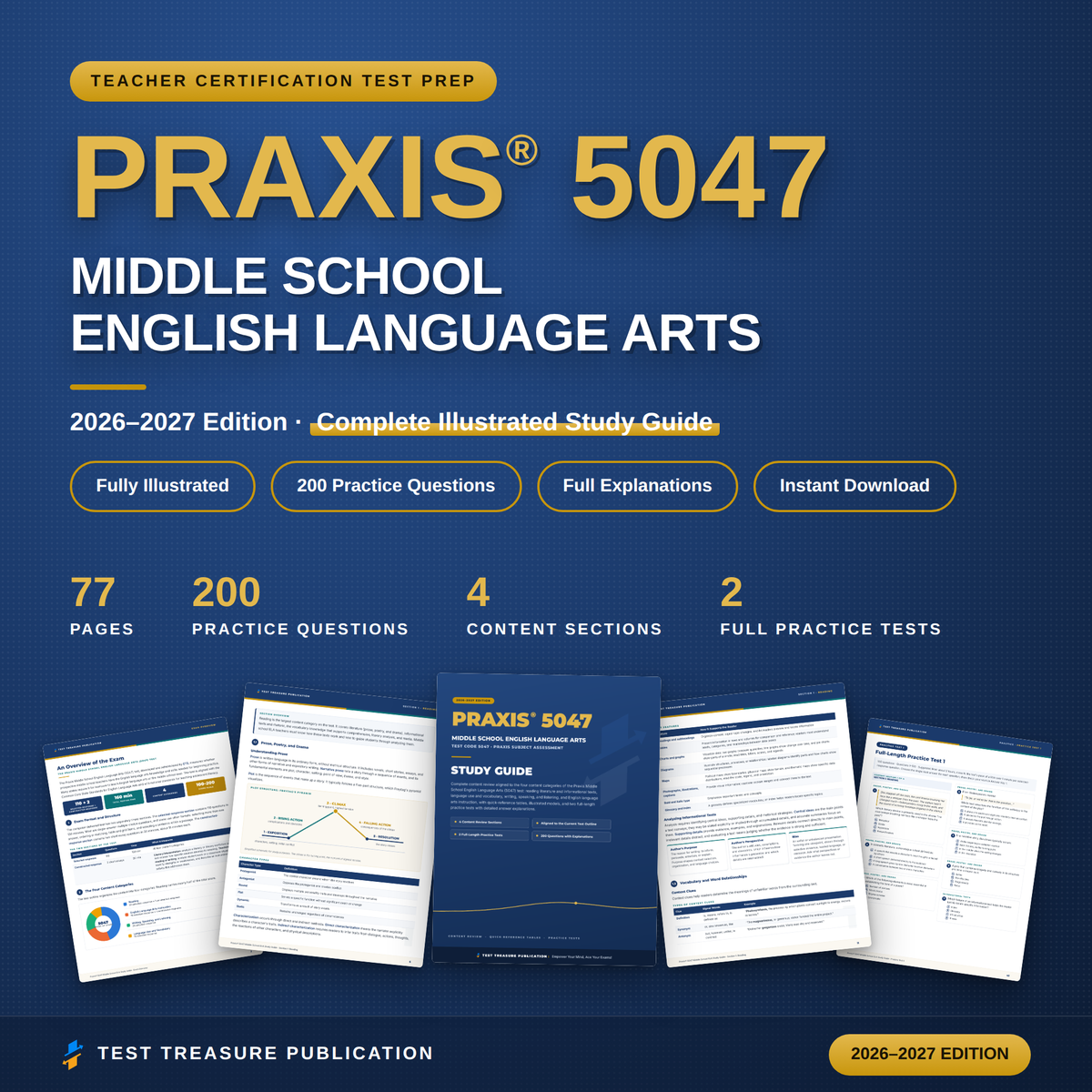Praxis 5047 Middle School English Language Arts Study Guide 2026–2027 — Redesigned Illustrated Edition | 200 Practice Questions