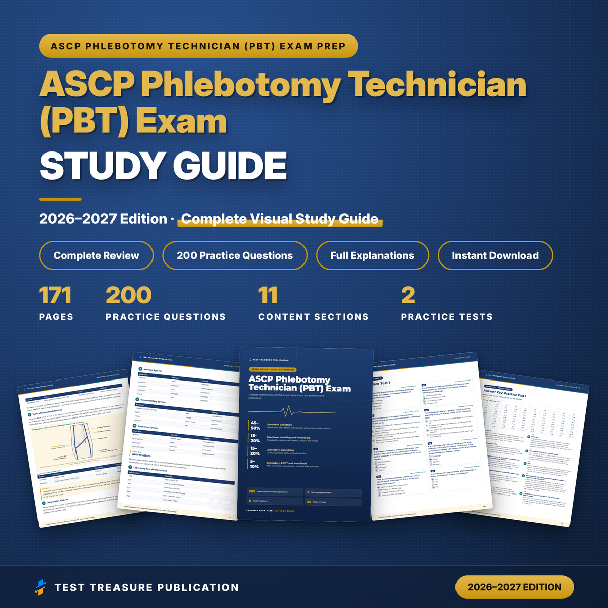 ASCP Phlebotomy Exam Study Guide 2026–2027 | PBT Phlebotomy Technician Certification Prep + 200 Practice Questions (Digital Download)