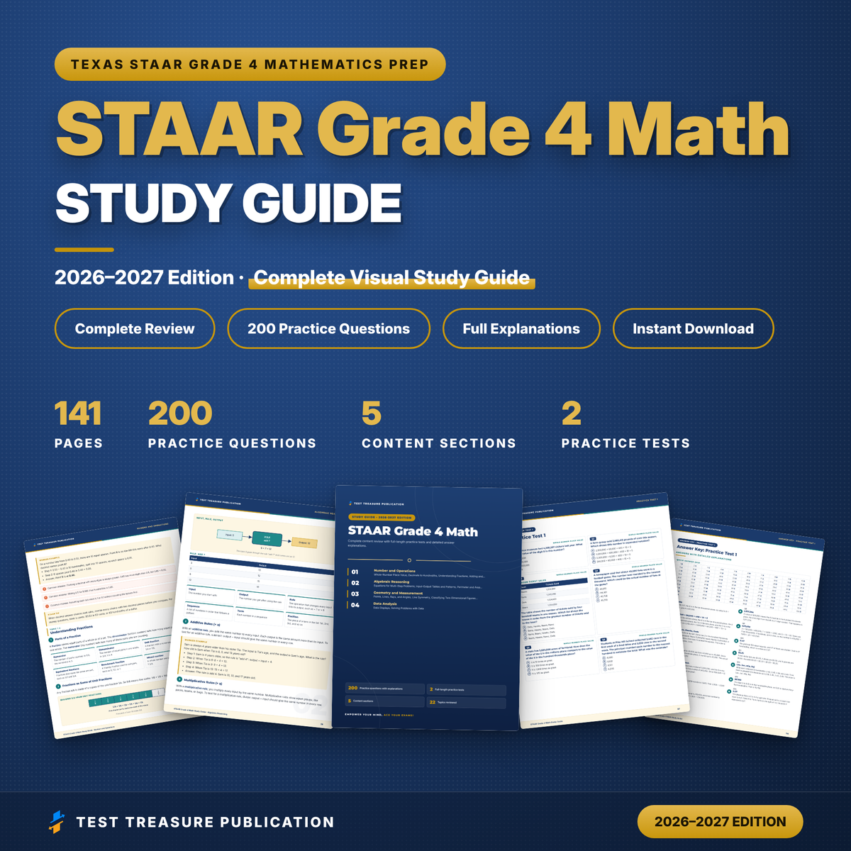 STAAR Grade 4 Math Study Guide 2026-2027, 200 Practice Questions, 4th Grade Texas Math Test Prep, TEKS Review Printable PDF