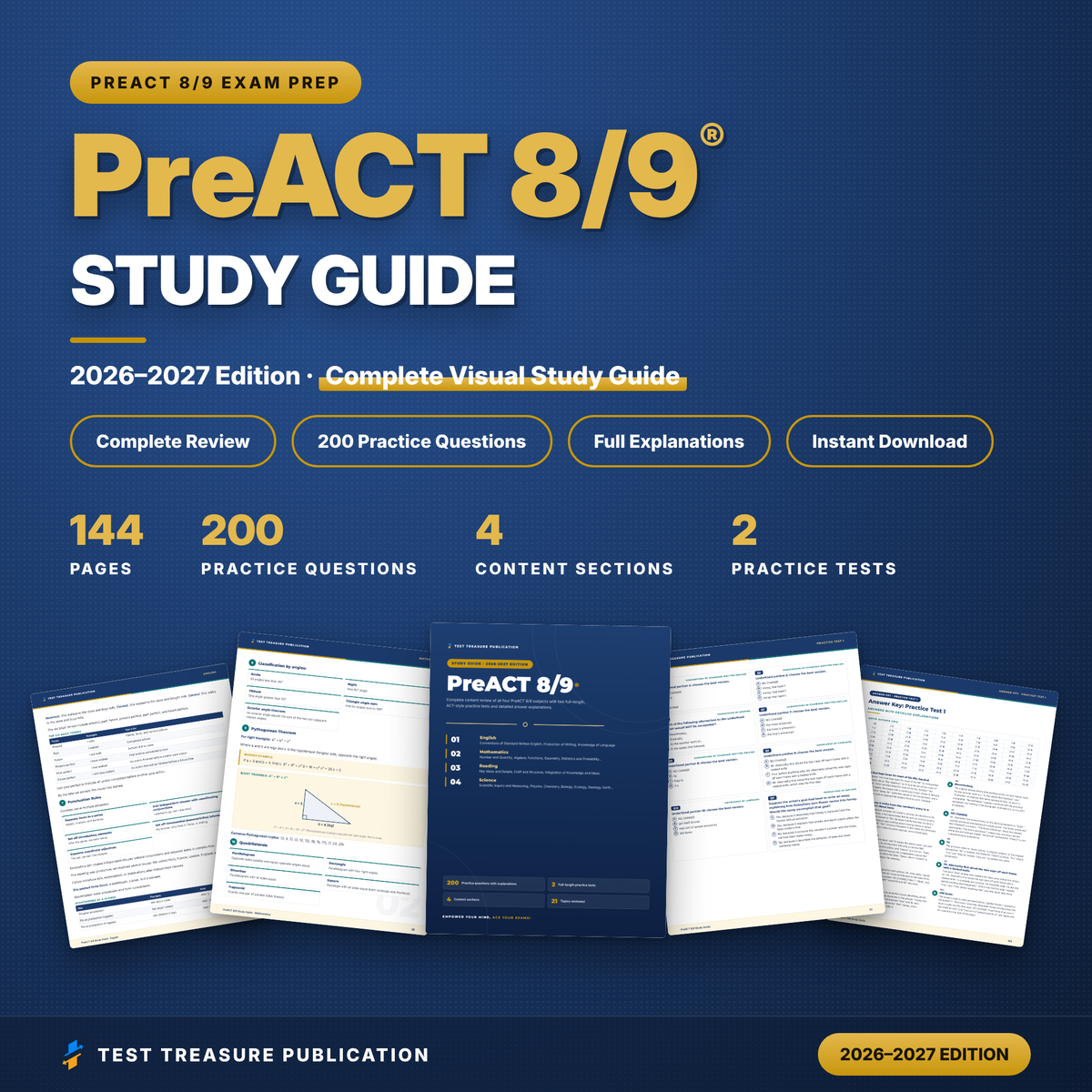 PreACT 8/9 Study Guide 2026–2027 | ACT-Style Practice Tests for Grades 8–9 | English, Math, Reading, Science | Printable PDF