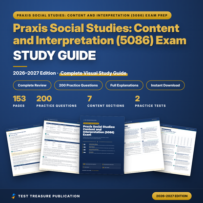 Praxis 5086 Social Studies Content and Interpretation Study Guide 2026-2027, 200 Practice Questions, Essay Practice, Teacher Test PDF