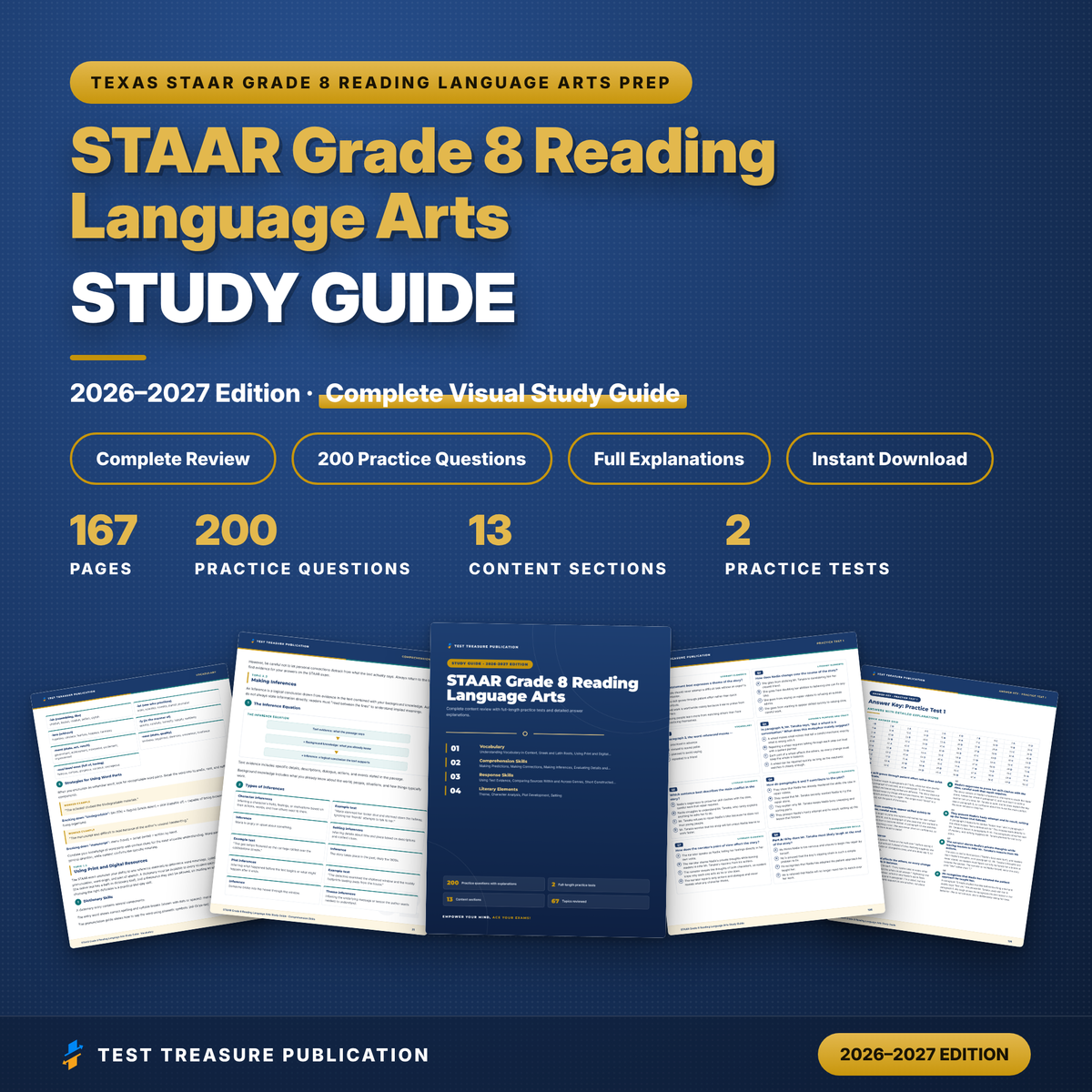 STAAR Grade 8 Reading Language Arts Study Guide 2026-2027, 200 Practice Questions, 8th Grade Texas RLA Test Prep, Printable PDF