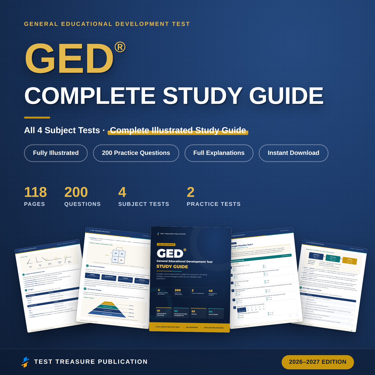 GED Study Guide 2026–2027 — Redesigned Illustrated Edition | 4 Subjects + 200 Practice Questions