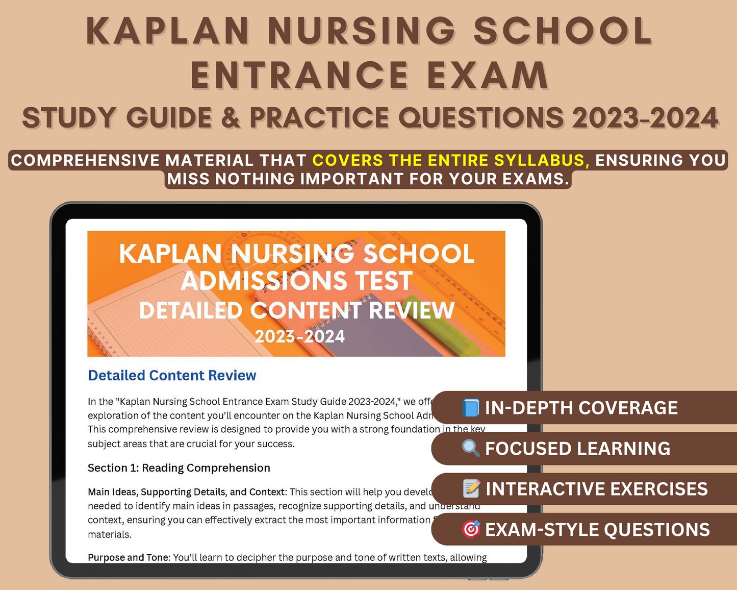Kaplan Nursing School Exam Study Guide 2023-2024: In-Depth Content Review & Practice Tests for Nursing Career Prep
