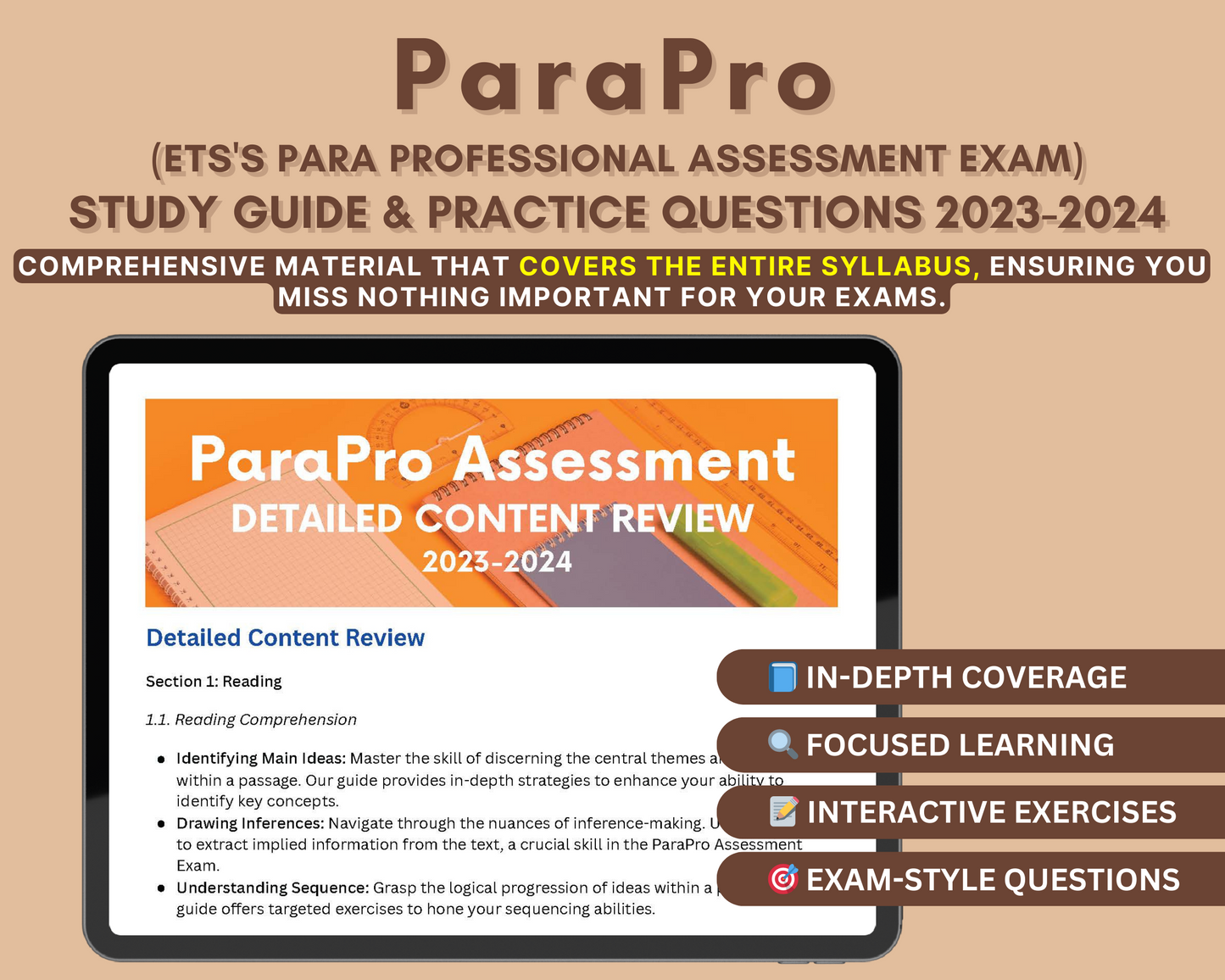 ParaPro Assessment Study Guide 2023-2024: In-Depth Content Review & Practice Tests for Reading, Writing, and Math