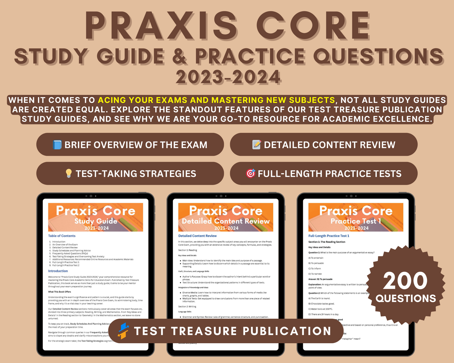 Praxis Core Academic Skills for Educators: Ultimate Study Guide for Reading, Writing, Math with 200+ Practice Questions