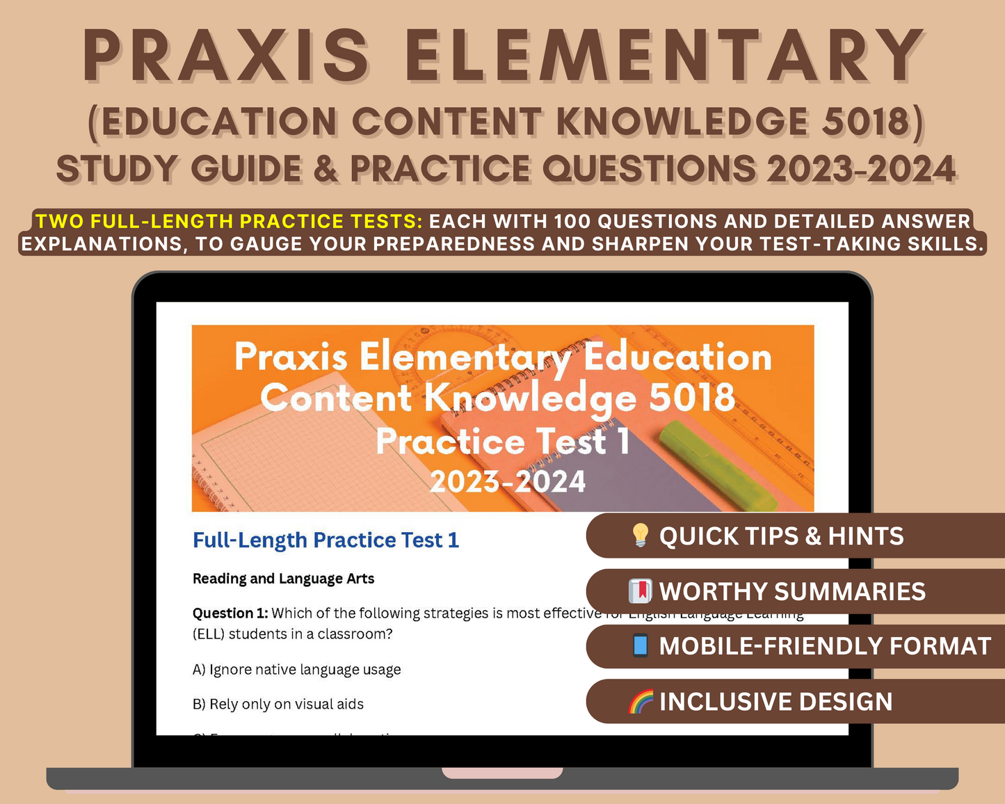 Praxis Elementary Education 5018 Study Guide 2023-2024: In-Depth Content Review, Practice Tests & Exam Tips for Teachers