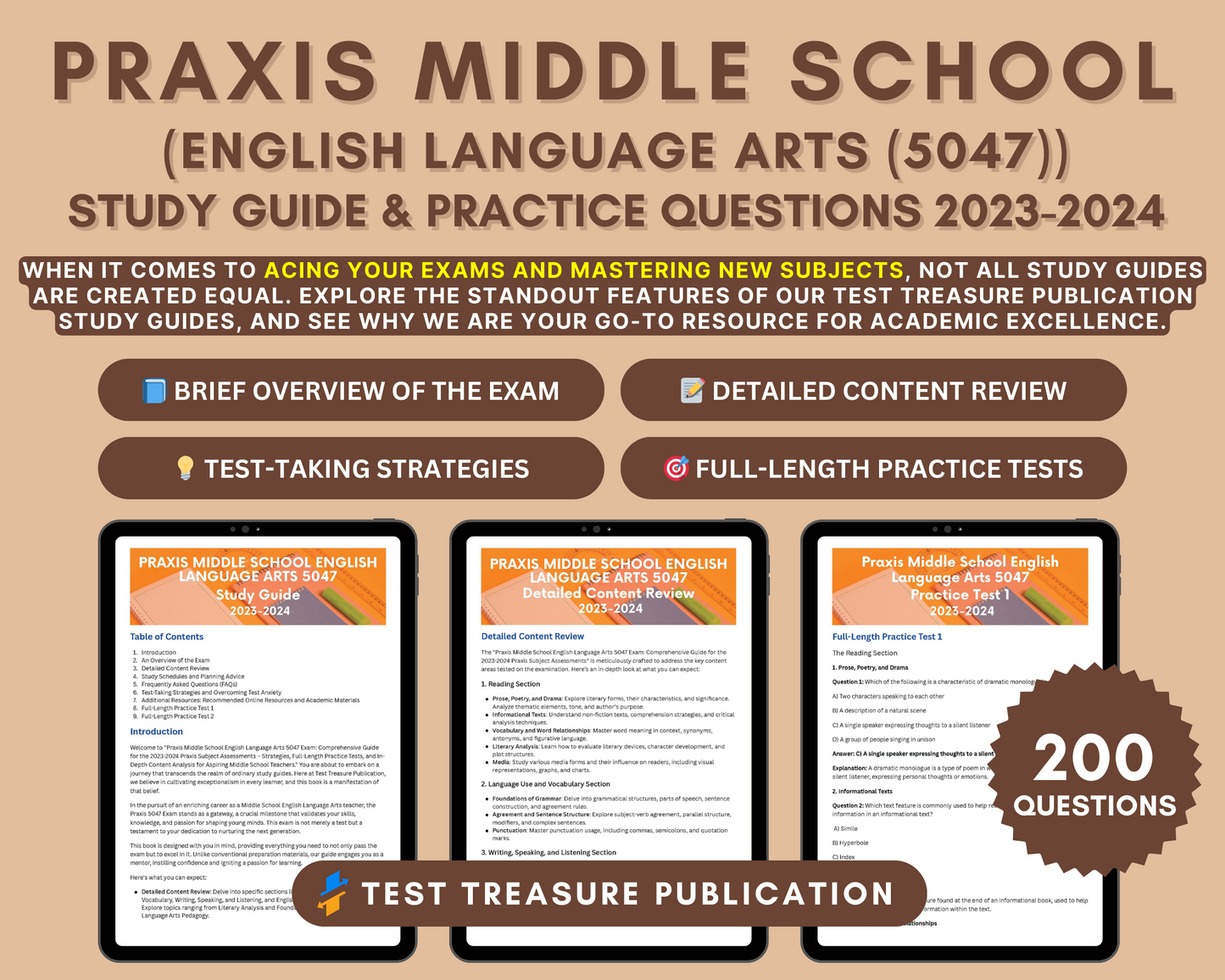 Praxis 5047 Study Guide 2023-2024: Middle School ELA Teacher Certification | In-Depth Content Review & Practice Tests