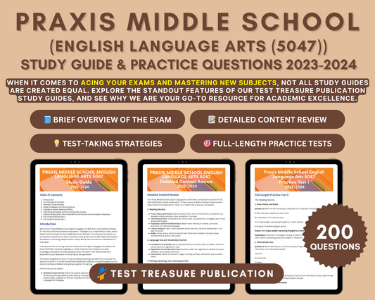 Praxis 5047 Study Guide 2023-2024: Middle School ELA Teacher Certification | In-Depth Content Review & Practice Tests