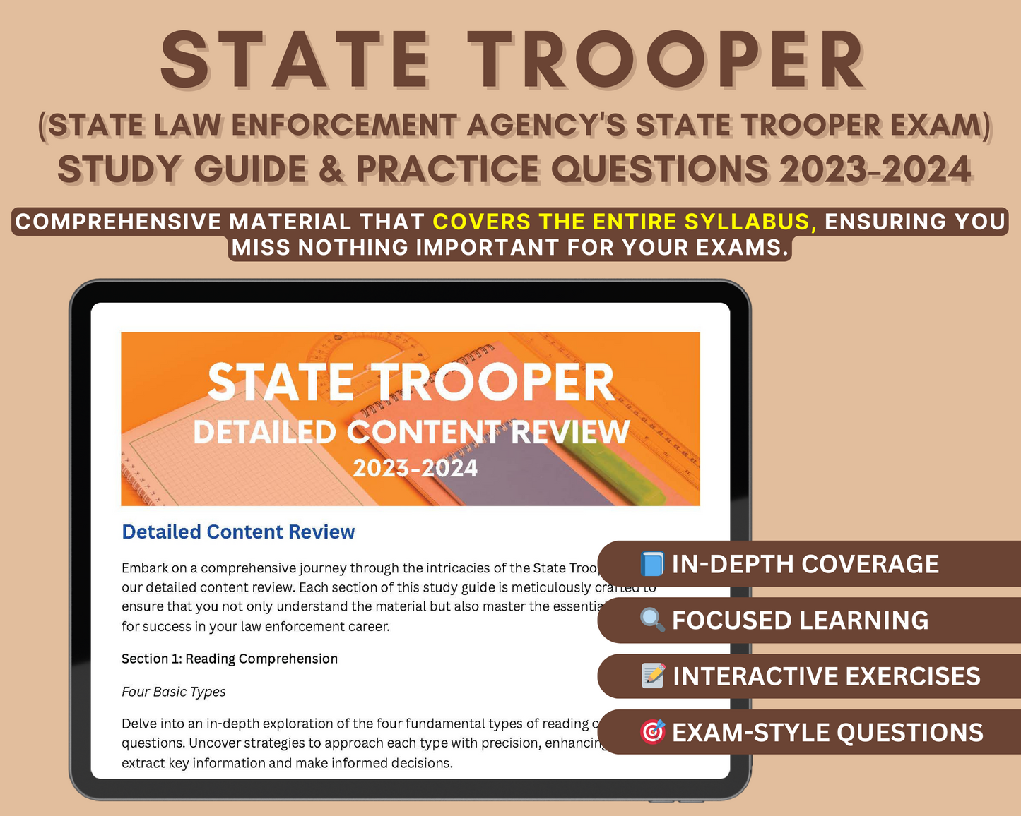 State Trooper Exam Study Guide 2023-24: In-Depth Content Review, Practice Tests & Exam Tips for Law Enforcement Mastery
